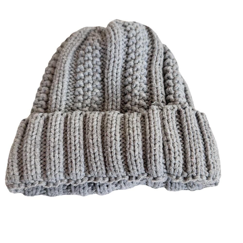 Grey Chunky Knit Beanie Hat Soft Fleece Sherpa Lined Thick Winter Ribbed Cap